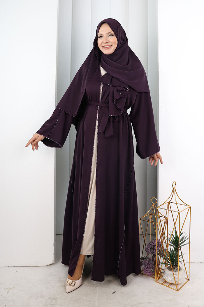 Kristal Taşlı Şallı Abaya 9205 Mor - 3