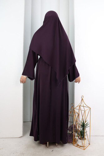 Kristal Taşlı Şallı Abaya 9205 Mor - 4