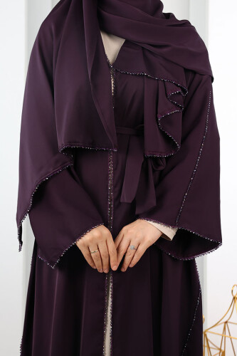 Kristal Taşlı Şallı Abaya 9205 Mor - 6