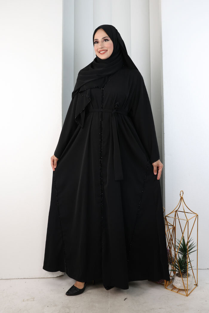 Kristal Taşlı Şallı Abaya 9205 Siyah - 1