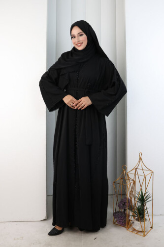 Kristal Taşlı Şallı Abaya 9205 Siyah - 2