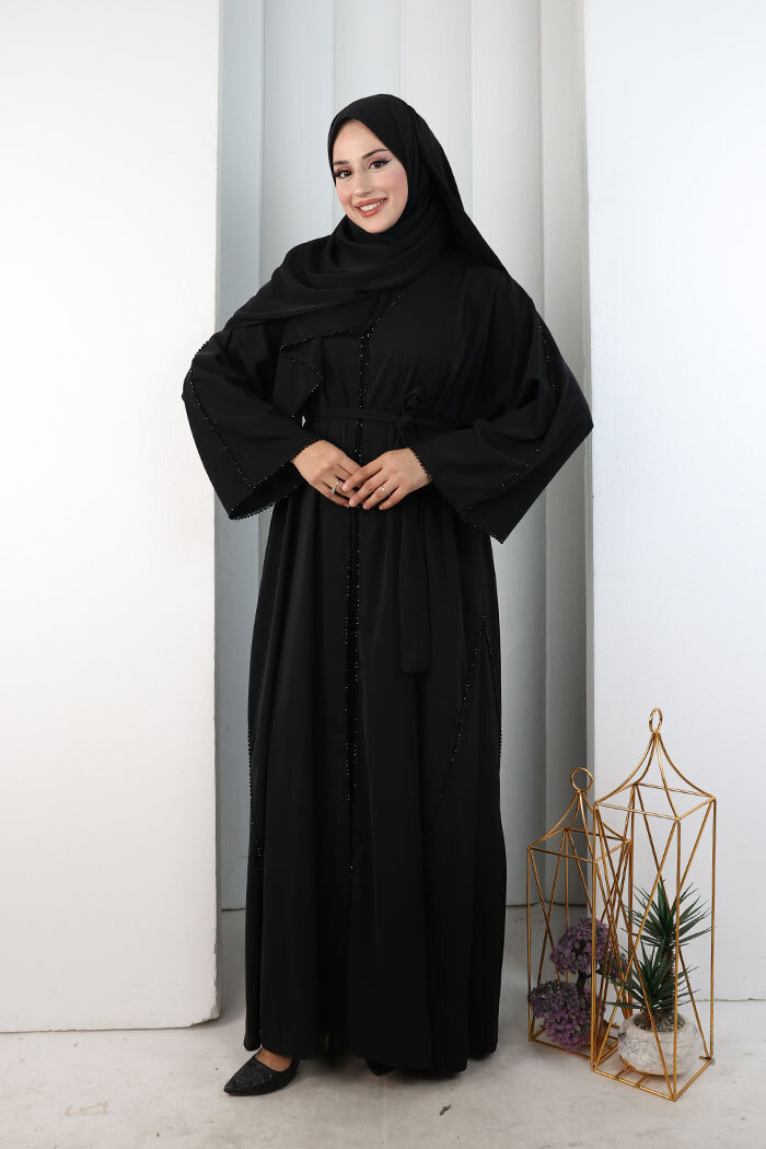 Kristal Taşlı Şallı Abaya 9205 Siyah - 2