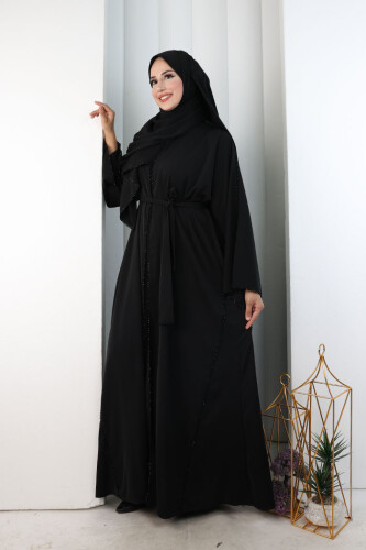 Kristal Taşlı Şallı Abaya 9205 Siyah - 3