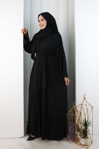 Kristal Taşlı Şallı Abaya 9205 Siyah - 4