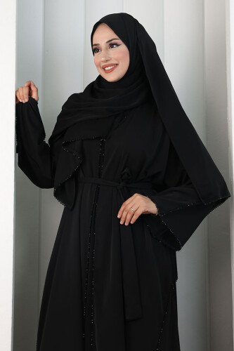 Kristal Taşlı Şallı Abaya 9205 Siyah - 6