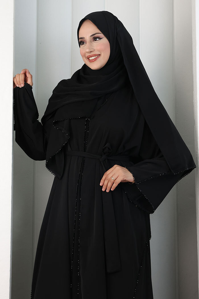 Kristal Taşlı Şallı Abaya 9205 Siyah - 6