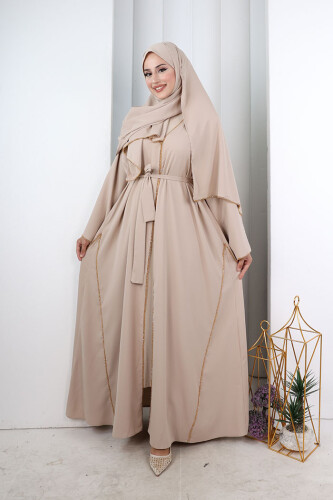 Kristal Taşlı Şallı Abaya 9205 Taş