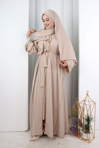 Kristal Taşlı Şallı Abaya 9205 Taş - 3