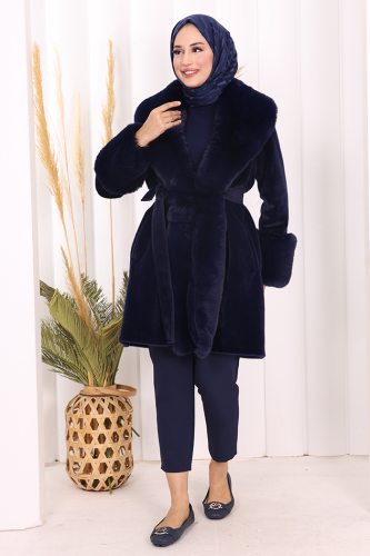 Kürklü Kaban 70062 Lacivert - Bym Fashion