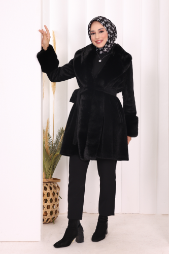 Kürklü Kaban 70062 Siyah - Bym Fashion