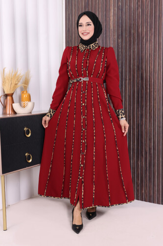 Leopar Biyeli Kemerli Elbise 3930 Bordo - Bym Fashion