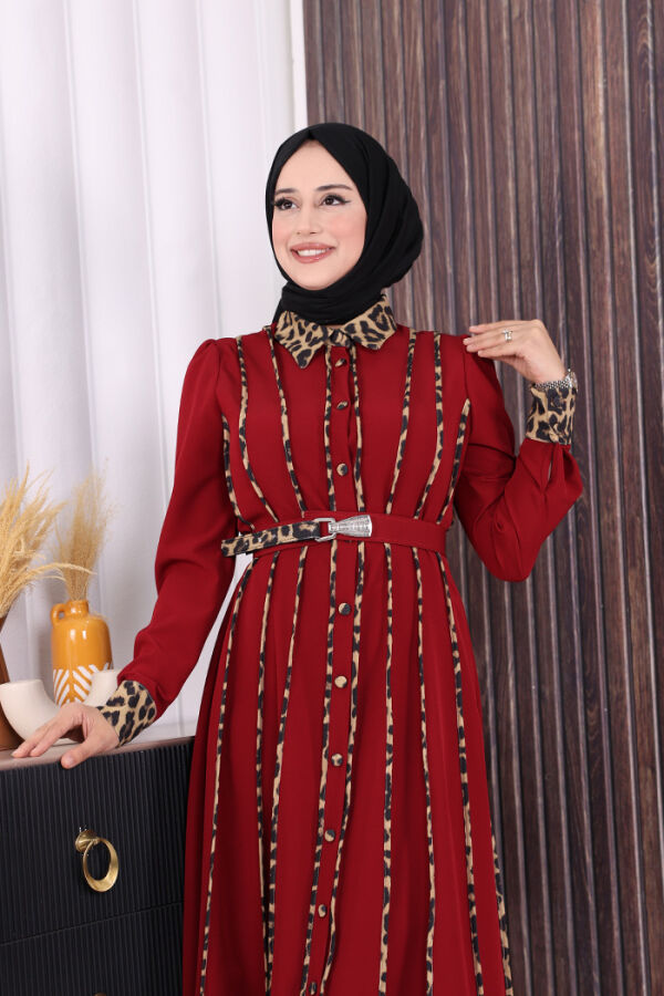 Leopar Biyeli Kemerli Elbise 3930 Bordo - 5