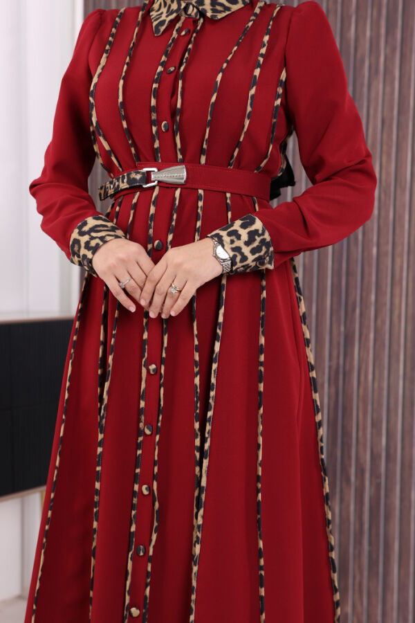 Leopar Biyeli Kemerli Elbise 3930 Bordo - 6