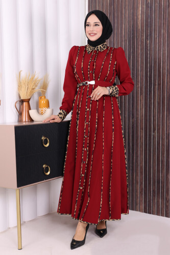 Leopar Biyeli Kemerli Elbise 3930 Bordo - 2