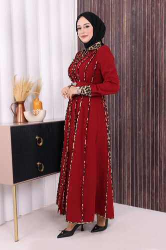 Leopar Biyeli Kemerli Elbise 3930 Bordo - 3