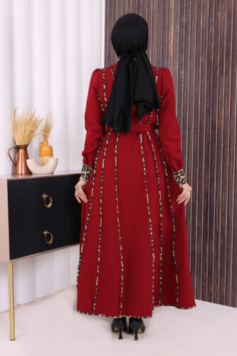 Leopar Biyeli Kemerli Elbise 3930 Bordo - 4