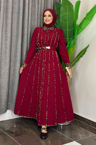 Leopar Biyeli Kemerli Elbise 3930 Bordo 