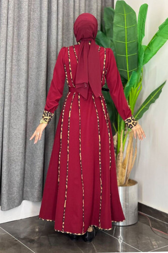 Leopar Biyeli Kemerli Elbise 3930 Bordo - 2
