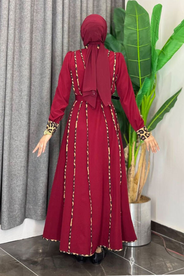 Leopar Biyeli Kemerli Elbise 3930 Bordo - 2