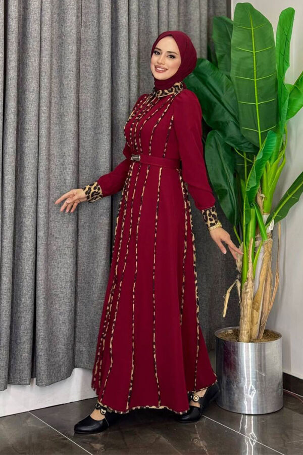 Leopar Biyeli Kemerli Elbise 3930 Bordo - 3