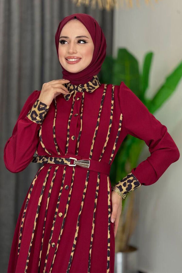 Leopar Biyeli Kemerli Elbise 3930 Bordo - 4