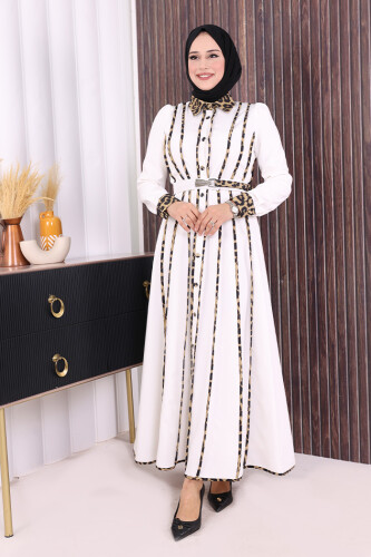 Leopar Biyeli Kemerli Elbise 3930 Ekru - Bym Fashion