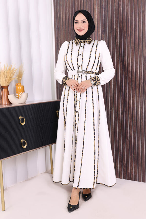 Leopar Biyeli Kemerli Elbise 3930 Ekru - 1