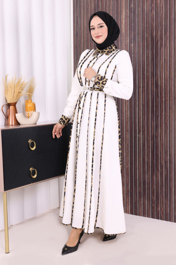 Leopar Biyeli Kemerli Elbise 3930 Ekru - 2