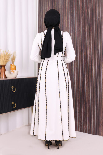 Leopar Biyeli Kemerli Elbise 3930 Ekru - 3