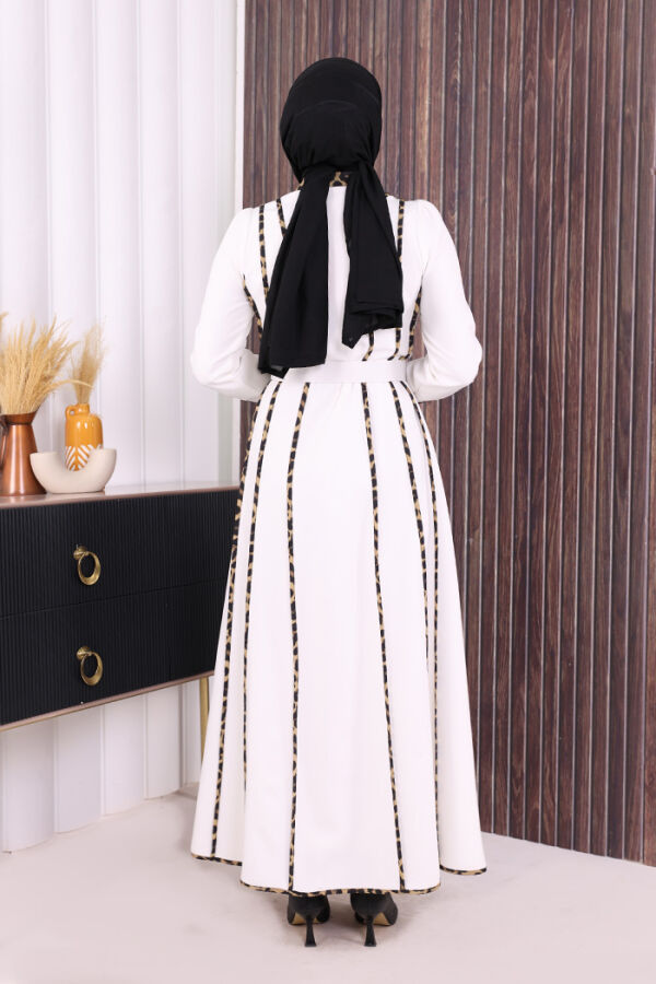 Leopar Biyeli Kemerli Elbise 3930 Ekru - 3