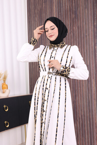 Leopar Biyeli Kemerli Elbise 3930 Ekru - 4