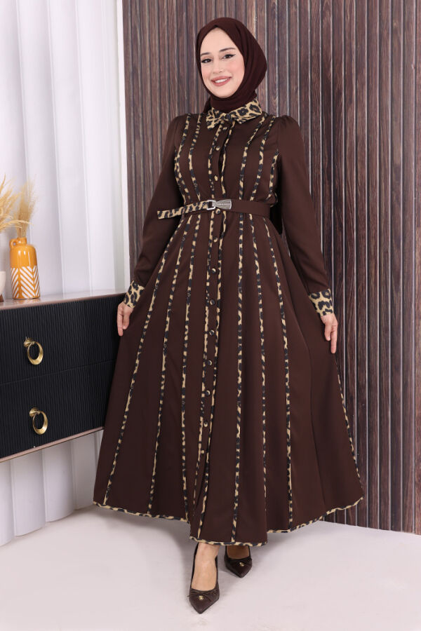 Leopar Biyeli Kemerli Elbise 3930 Kahverengi - 1