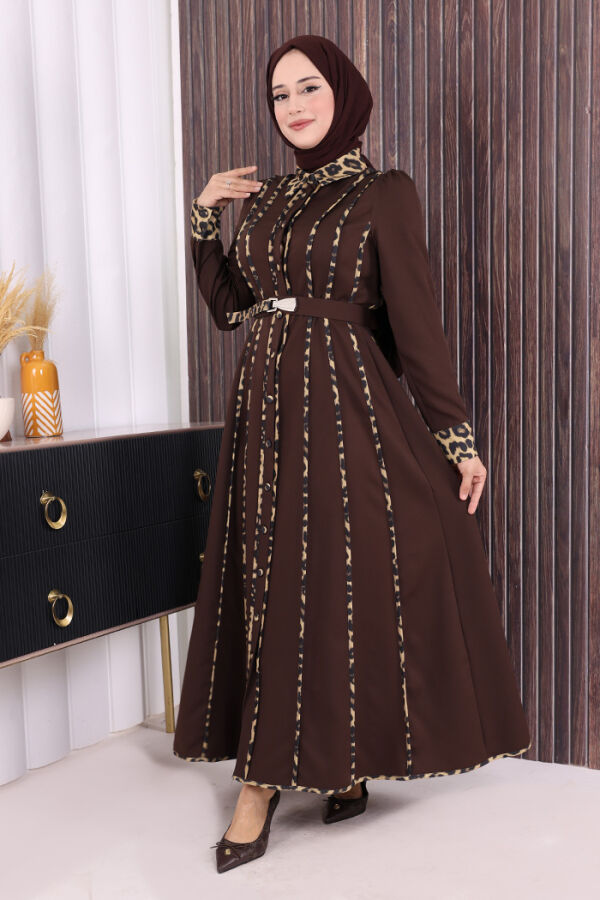 Leopar Biyeli Kemerli Elbise 3930 Kahverengi - 2