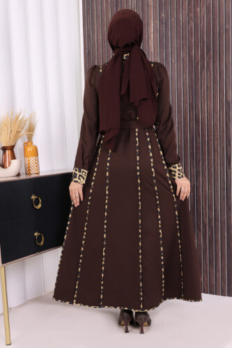 Leopar Biyeli Kemerli Elbise 3930 Kahverengi - 3