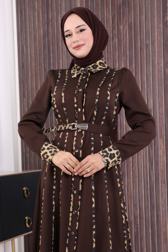 Leopar Biyeli Kemerli Elbise 3930 Kahverengi - 4