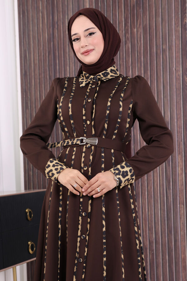 Leopar Biyeli Kemerli Elbise 3930 Kahverengi - 4