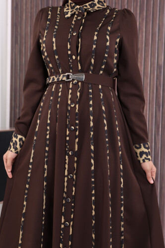 Leopar Biyeli Kemerli Elbise 3930 Kahverengi - 5