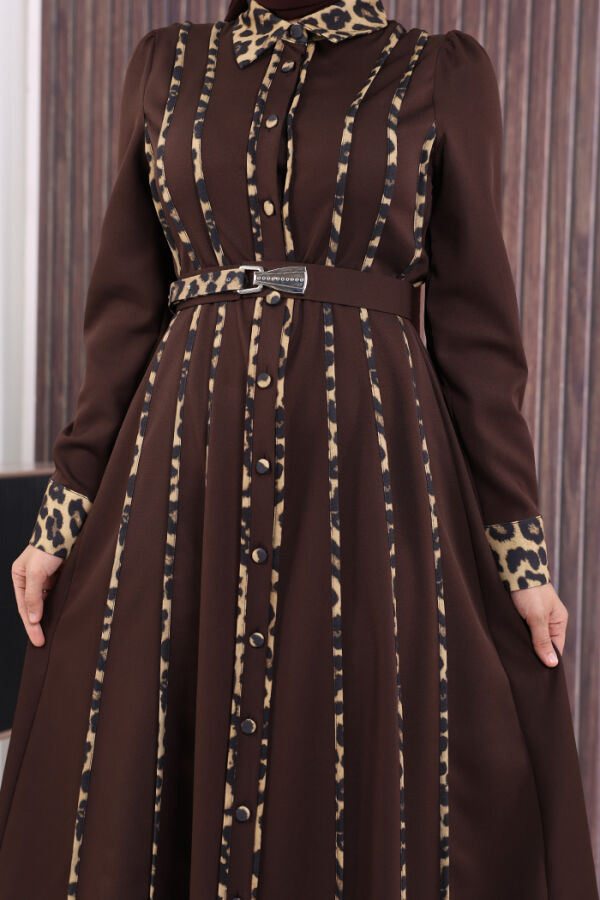 Leopar Biyeli Kemerli Elbise 3930 Kahverengi - 5