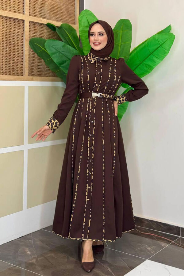 Leopar Biyeli Kemerli Elbise 3930 Kahverengi - 1