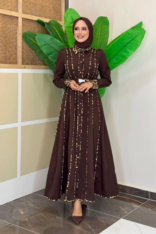 Leopar Biyeli Kemerli Elbise 3930 Kahverengi - 3