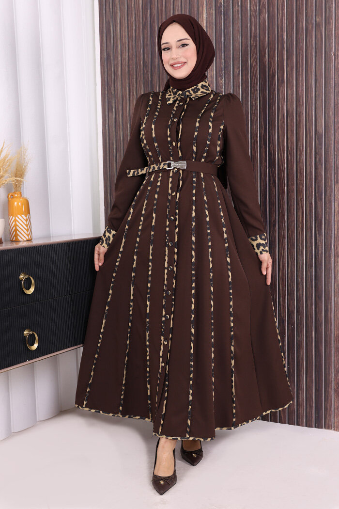 Leopar Biyeli Kemerli Elbise 3930 Kahverengi - 1