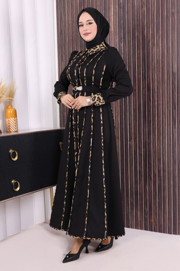 Leopar Biyeli Kemerli Elbise 3930 Siyah - 2