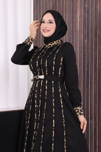 Leopar Biyeli Kemerli Elbise 3930 Siyah - 5