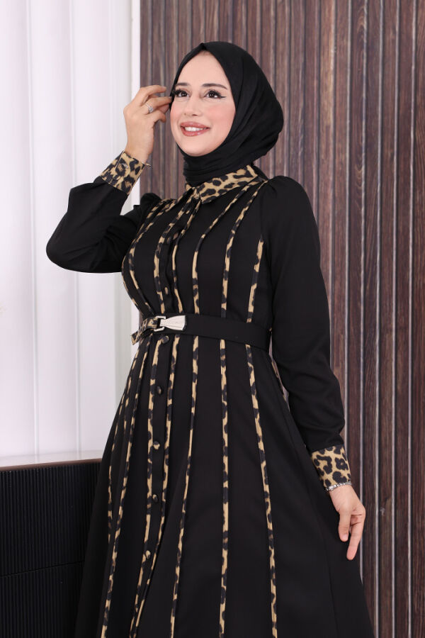 Leopar Biyeli Kemerli Elbise 3930 Siyah - 5