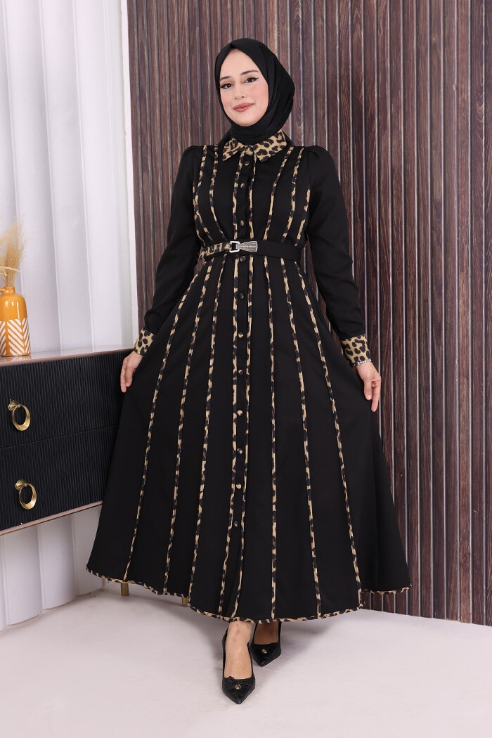 Leopar Biyeli Kemerli Elbise 3930 Siyah