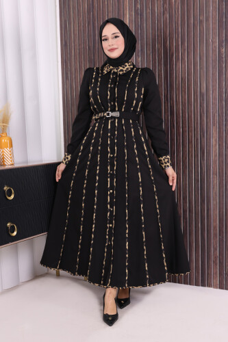 Leopar Biyeli Kemerli Elbise 3930 Siyah 