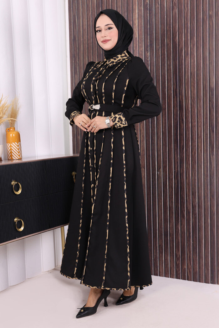 Leopar Biyeli Kemerli Elbise 3930 Siyah - 3