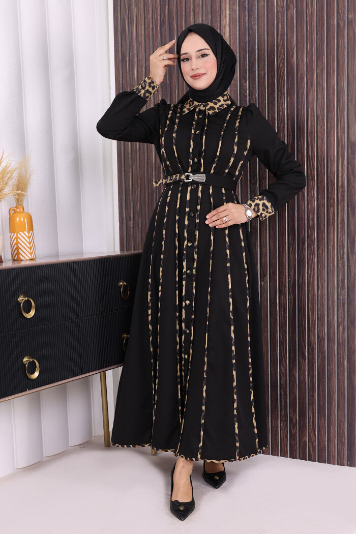 Leopar Biyeli Kemerli Elbise 3930 Siyah - 4