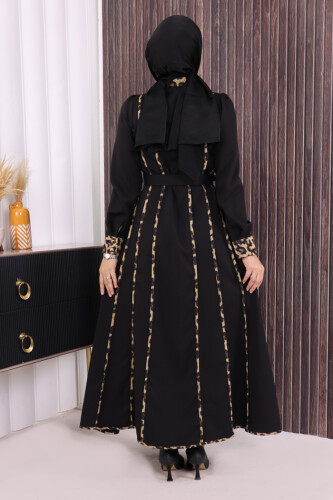 Leopar Biyeli Kemerli Elbise 3930 Siyah - 5