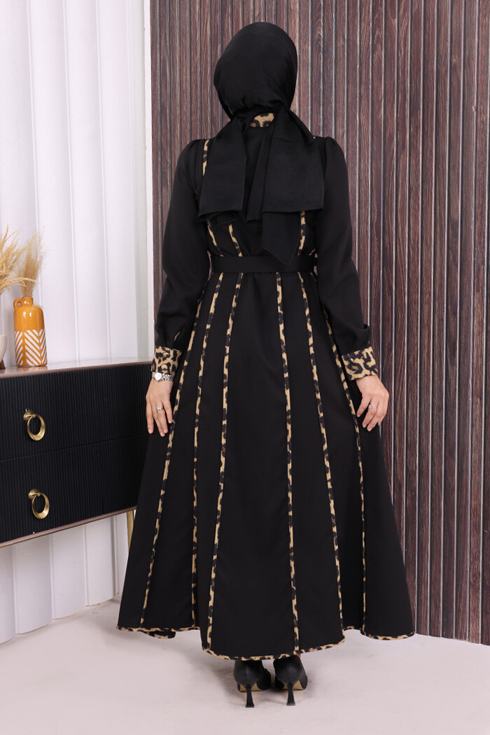 Leopar Biyeli Kemerli Elbise 3930 Siyah - 5